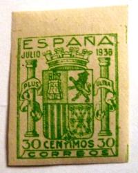 Foto 1 Sello sin identificar: FALSO FILATELICO. ESCUDO DE ESPAÑA. 1936. VERDE 30 CTS.